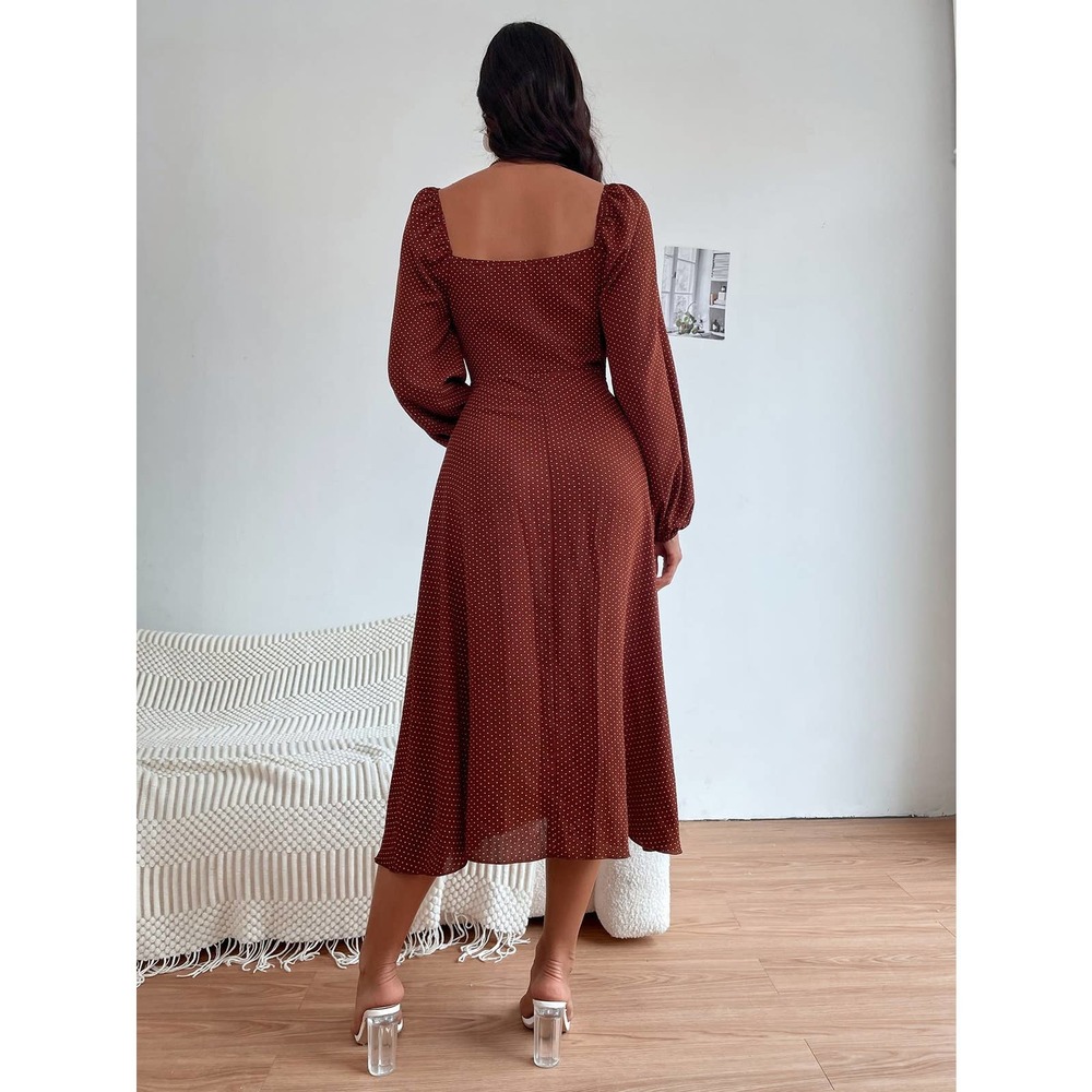 Polka Dot Print Knot Front Lantern long sleeve midi Dress rust brown - Picture 3 of 8